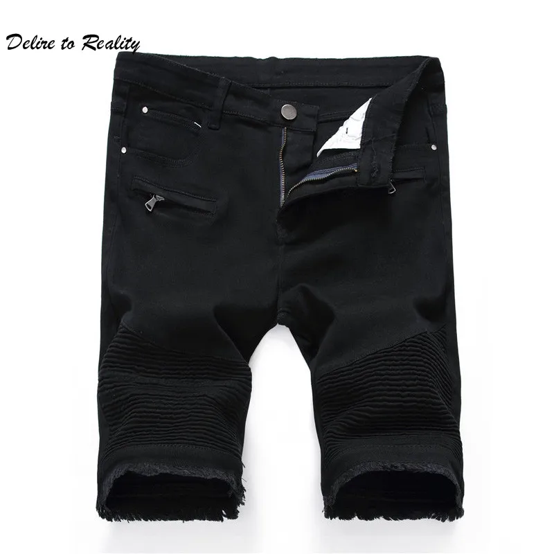 Mens Distressed Skinny Denim Shorts fashion designer Ripped Red Biker