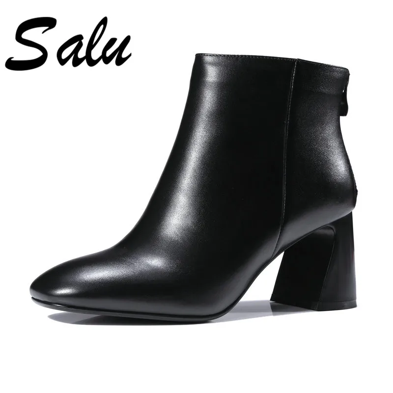 

Salu Women Shoes Newest Genuine Leather High Quality High Square Heel Zipper Round Toe Fashion Black Ankle Boots Size 41 43