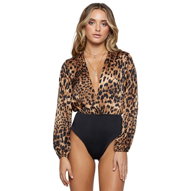 

2018 Sexy Deep V Neck Leopard Print Bodysuit Body Mujer Long Sleeve Bodysuit Top Club Combishorts Femme Autumn New