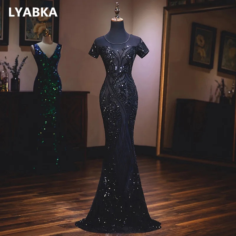 Short Sleeve V-Backless Evening Dress Elegant Abendkleider 2019 Robe De Soiree Scoop Neck Black Mermaid Dresses Long | Свадьбы и