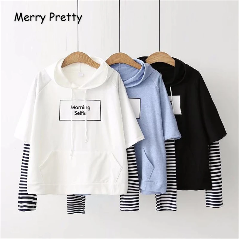  MERRY PRETTY Fake two Pieces Striped Patchwork Hoodies Sweatshirts Autumn Winter Women Letter Print