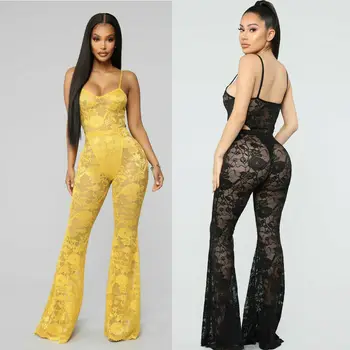 

Women Mesh Lace Jumpsuit Romper Sleeveless Playsuit Trousers Bodycon Outfit