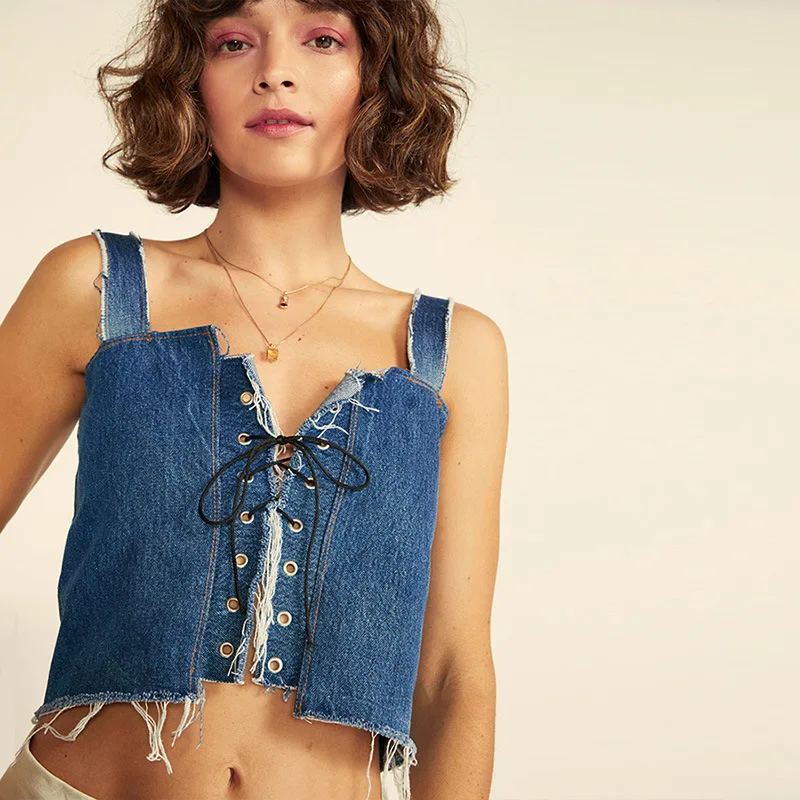 Simenual Lace Up Vintage Jeans Tops Women Strap Sleeveless Fashion Tank Top Summer 2019 Casual Streetwear Denim Crop Tops Blue Simenual Lace Up Vintage Jeans Tops Women Strap Sleeveless Fashion Tank Top Summer 2019 Casual Streetwear Denim Crop Tops Blue