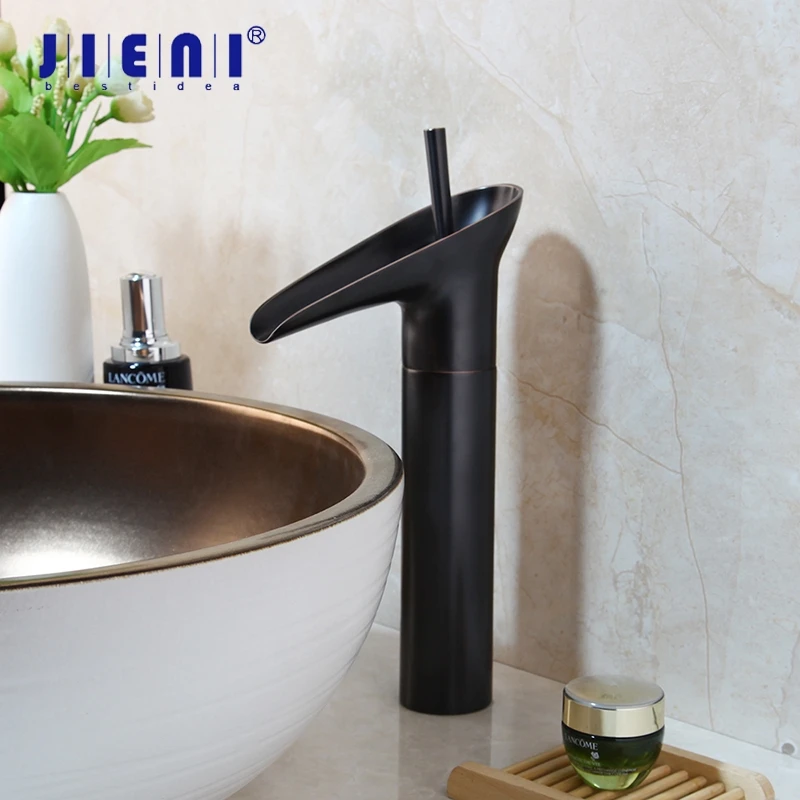 JIENI Black ORB Bathroom Sink Faucet Waterfall Lavatory Black Basin
