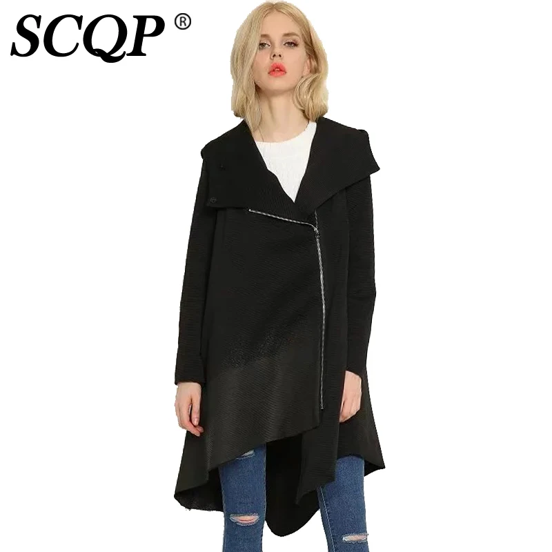 SCQP Irregular Hoodie Zipper Black Trench Coat Ladies