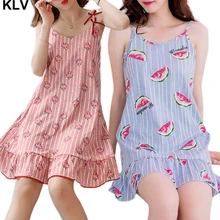 Свежая стильная женская ночная сорочка на бретельках с бантом для девочек, милая Пижама с рисунком клубники арбуза, платье с рюшами пижамы с окантовкой