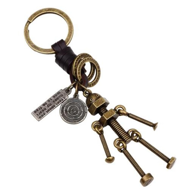 

ZOSHI Vintage Men Adjustable Screw Robot Keychain Copper Alloy Genuine Leather Key Chains Hand Made Bag charm Holder