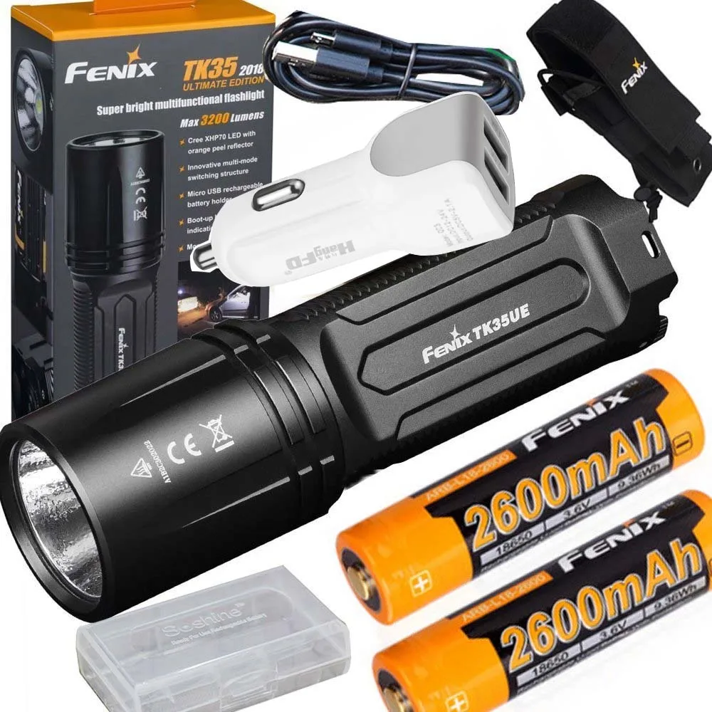 

FENIX TK35 UE 2018 3200 Lumen LED USB rechargeable Tactical Flashlight + 2 X 2600mAh battery,holster,car charger,battery case
