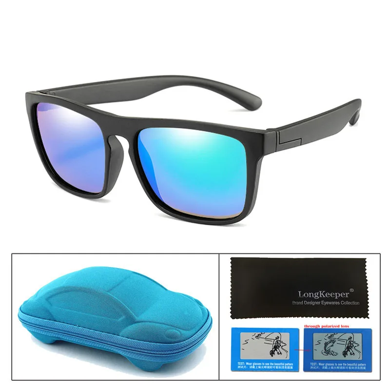 Популярные Квадратные поляризованные детские солнцезащитные очки Детские Силиконовые зеркальные линзы солнцезащитные очки с футляром для мальчиков и девочек UV400 - Цвет линз: blackgreen blue case