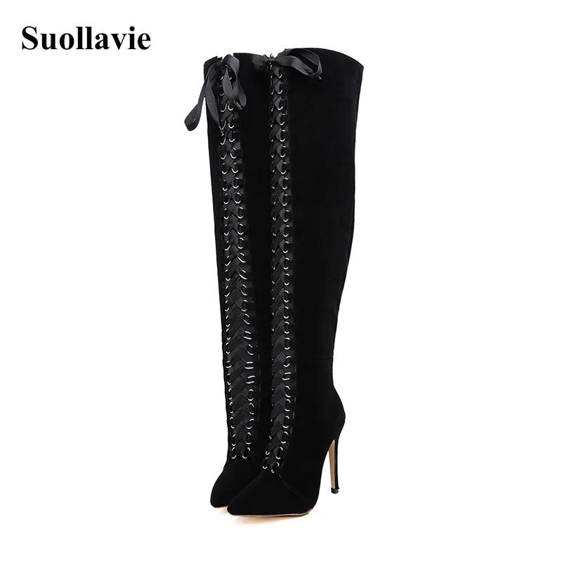 

Suollavie 2019 New Women Over The Knee High Heel Boots Sexy Female Winter Lace Thin Heels Cross-tied Zipper Shoes