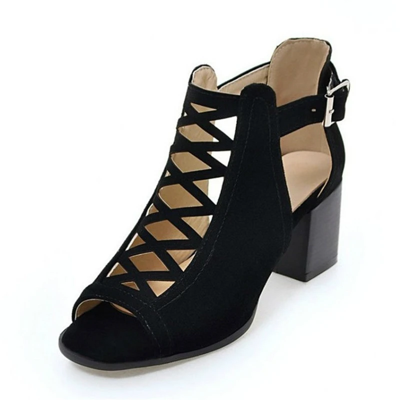 

Size plus 35-43 suede fashion hollow sandals 2018 new fish head high-heeled sandals, Romanesque woman shoes
