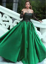 Vestido de Festa Verde Satin Black Lace Apliques Vestido de Noite Elegante Mangas Longas gece Elbisesi Abiye 2018 Vestido Formal