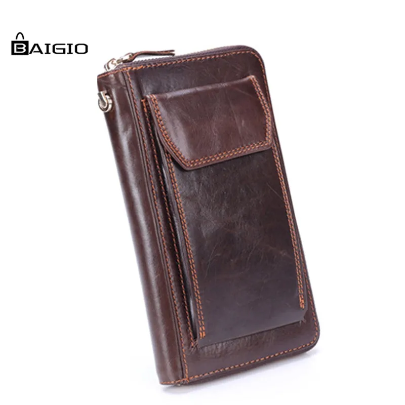 Baigio Wallet Men Italian Leather Wallets Long Slim Zipper Wallet