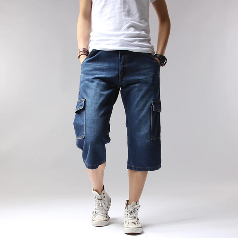 

Summer Denim Jeans Men Shorts Casual Solid Loose Shorts Cargo Knee Length Short Multi Pocket Bermuda Masculina Big Size 48