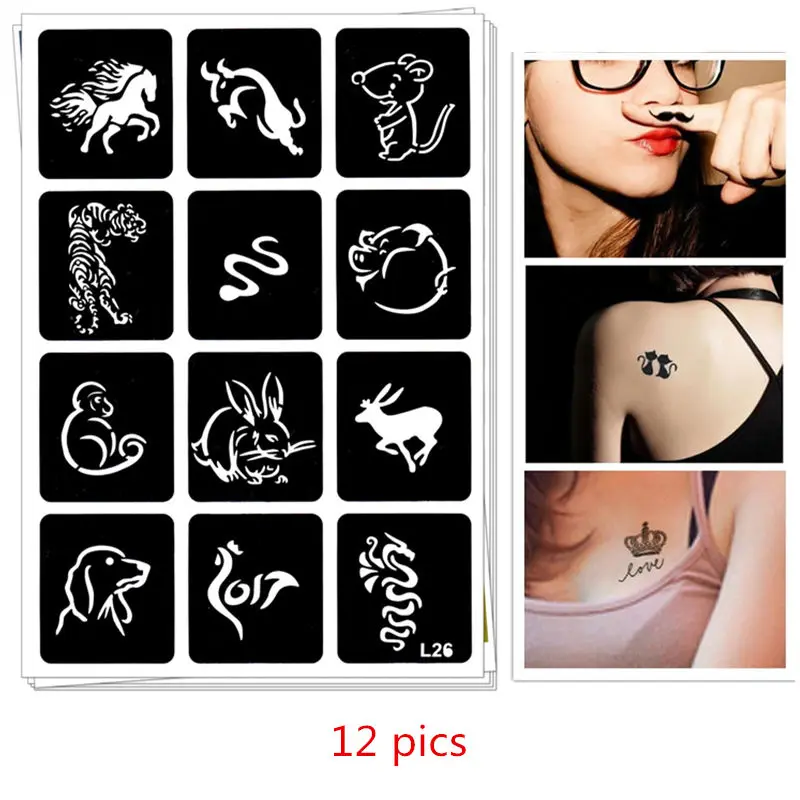 

12 pics Henna Tattoo Stencils DIY Jagua Drawing Templates Airbrush Painting Mehndi Body Art Small Flash Tatoo Stencil C29