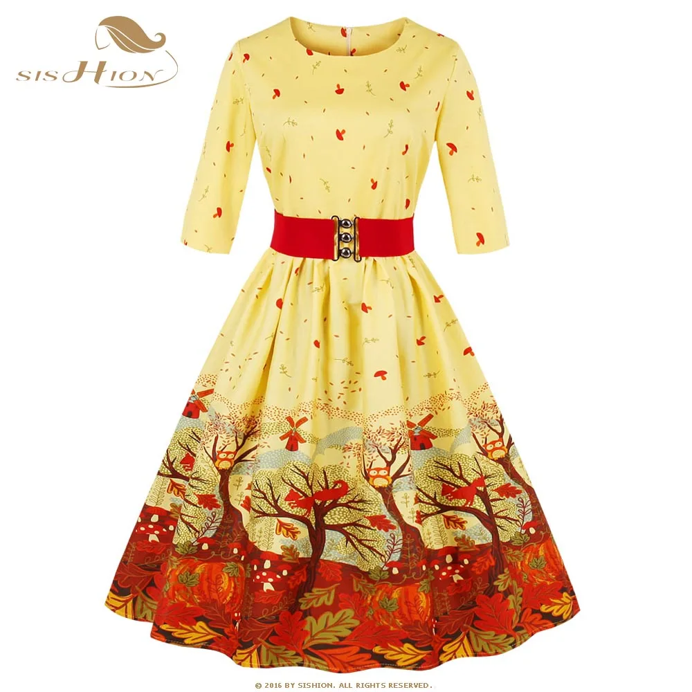 SISHION Elegant Yellow Dress 3/4 Sleeve Plus Size Yellow Tunic Swing