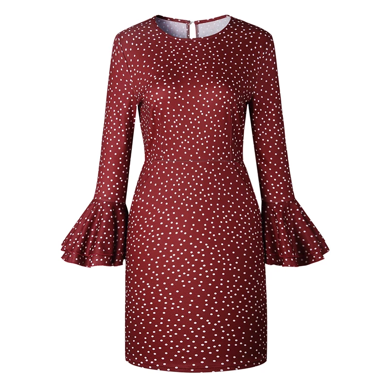 Vintage Polka Dot Dress Women Autumn Long Flare Sleeve Ruffles Vestidos Casual O-neck Black Bodycon Party Boho Dresses Mini