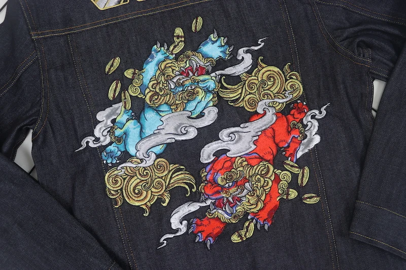 AreMoMuWha японский Kylin голова льва вышивка джинсовая куртка основной цвет стирка вышивка мужская джинсовая куртка QX1040