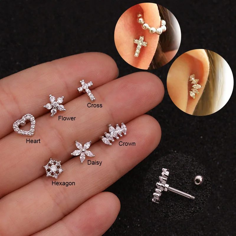 

1Pc Cross Heart Flower Crown Piercing Cz Ear Studs Helix Piercing Cartilage Earring Rook Tragus Conch Stud
