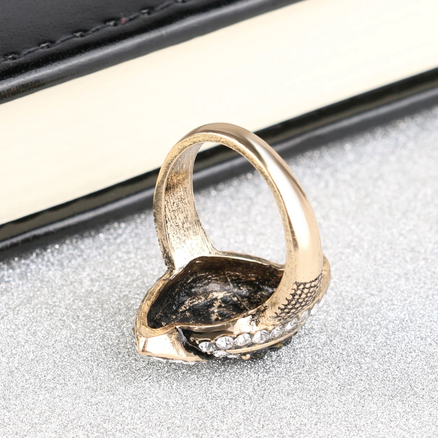 Wholesale Vintage Black Crystal Big Wedding Rings For Women Antique Gold Color Wave Ring Fashion Jewelry Free Shipping