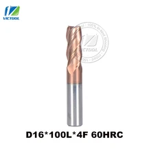 1 шт. D16 * 100L * 4F 16 мм Высокая твердость обработки 0 ~ 62 HRC твердосплавные 4 флейты квадратной головой концевых фрез фреза С ЧПУ инструменты