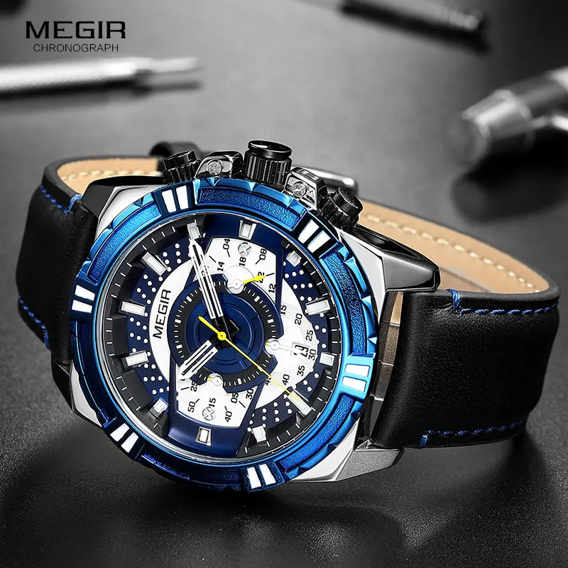 2019 MEGIR New Fashion Mens Watches Top Brand Luxury Big Dial Army Sport Chronograph Quartz Wristwatch Leather Watch 2118 Blue