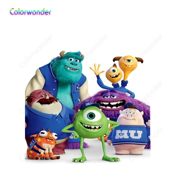 

Cartoon World Kids Birthday Party Custom Backdrops for Photography Big Eye Mike with Their Friends White Background for Newborn