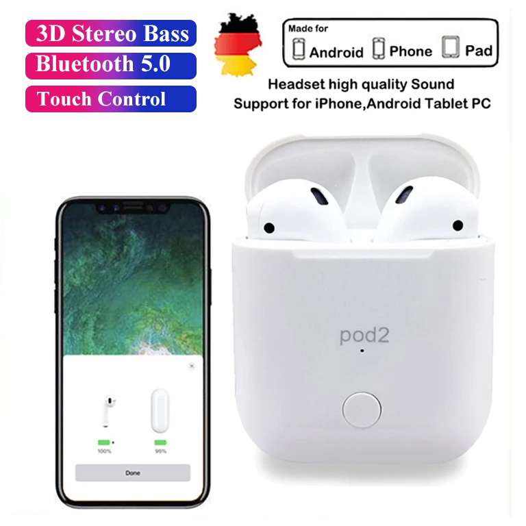 

Pod2 bluetooth earphone TWS Bluetooth 5.0 headset Wireless Charging Pop-up headset i30 Earbuds 1:1 Size W1 Chip For iPhone M12
