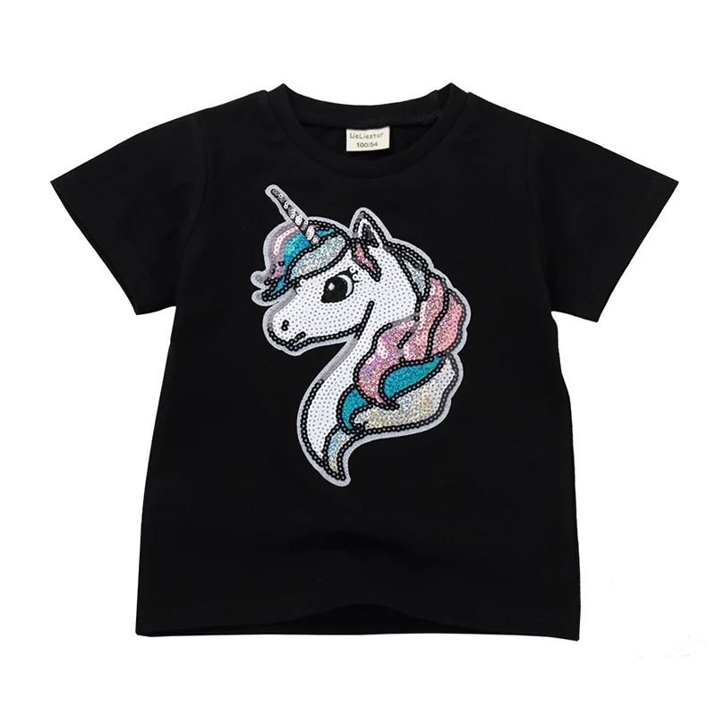 Unicorn Black Tee PaMaBa/забавная футболка с единорогом для девочек; ad; летняя футболка с короткими рукавами и блестками для мальчиков; модная детская хлопковая одежда; повседневные топы - Цвет: Unicorn Black Tee