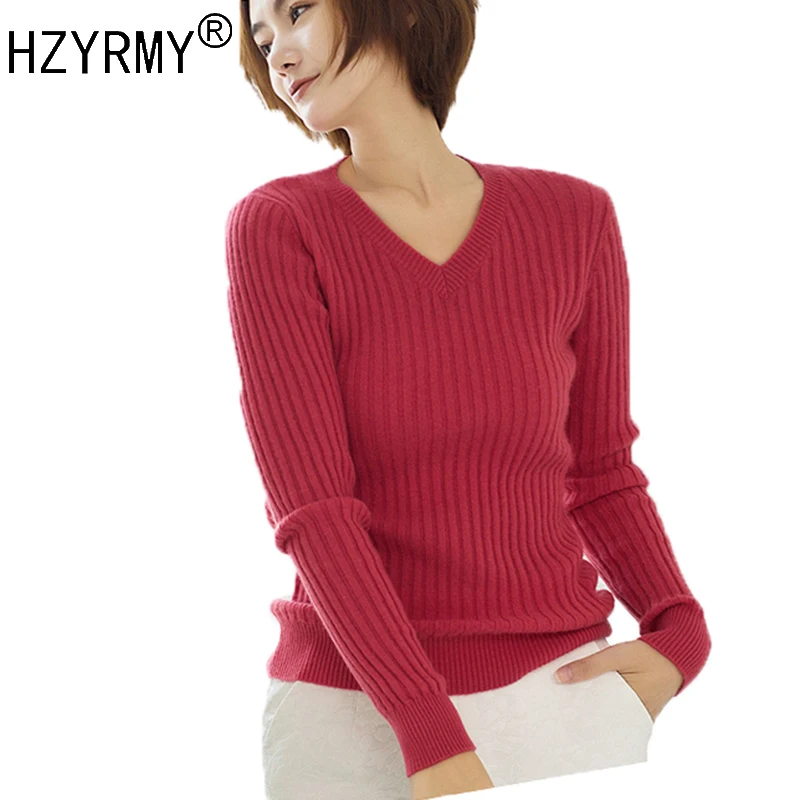 HZYRMY Spring and Autumn New Women' Cashmere Sweaters Fashion V-Neck Slim Pure color Pullover Blouse Wool Knitted Short Sweaters