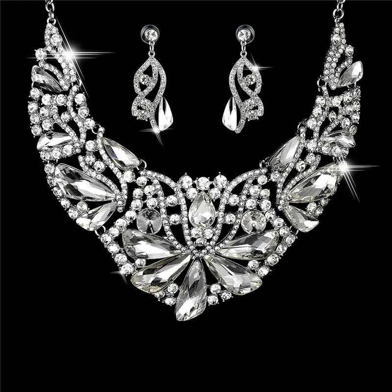 

KLEEDER Luxury Jewelry Set Crystal Flower Statement Necklace Earrings Set for Bridal Women Wedding Fashion Jewelry with Gift Box