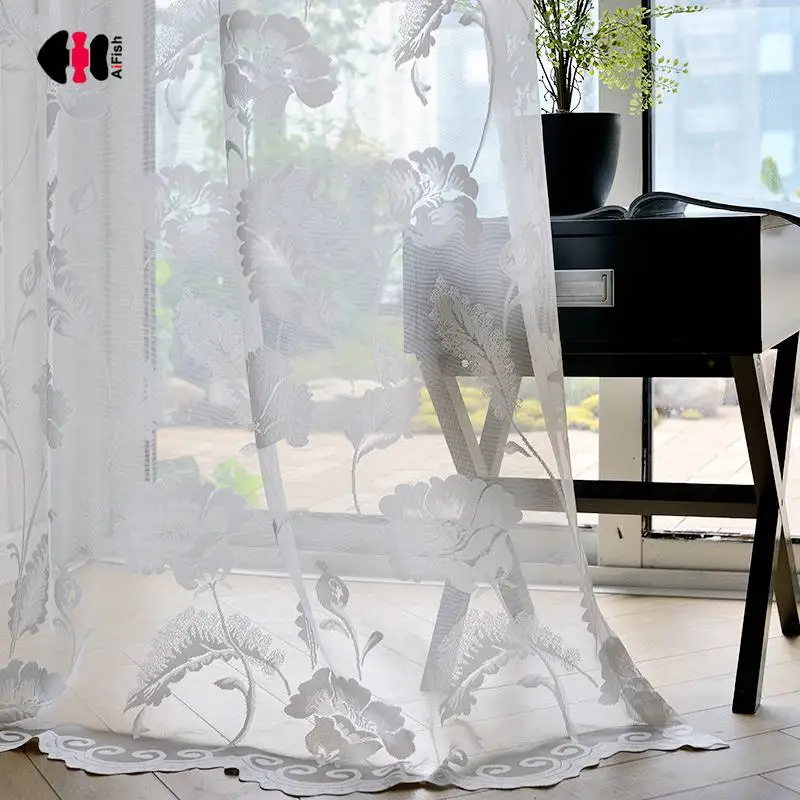

Modern Chinese Mesh Jacquard Curtains for Living Room Elegant Lace Edge Textile Window Treatment Gauze WP101C