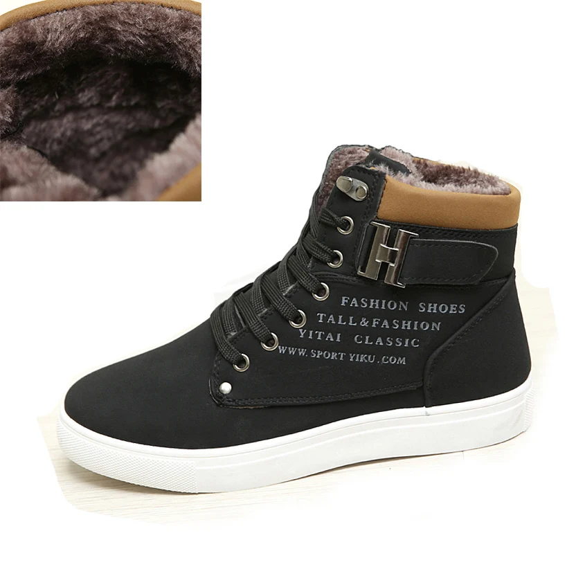 Hot Men Boots Fashion Warm Winter Men shoes Autumn Leather Footwear For Man New High Top Canvas Casual Shoes Men - Color: black Plush