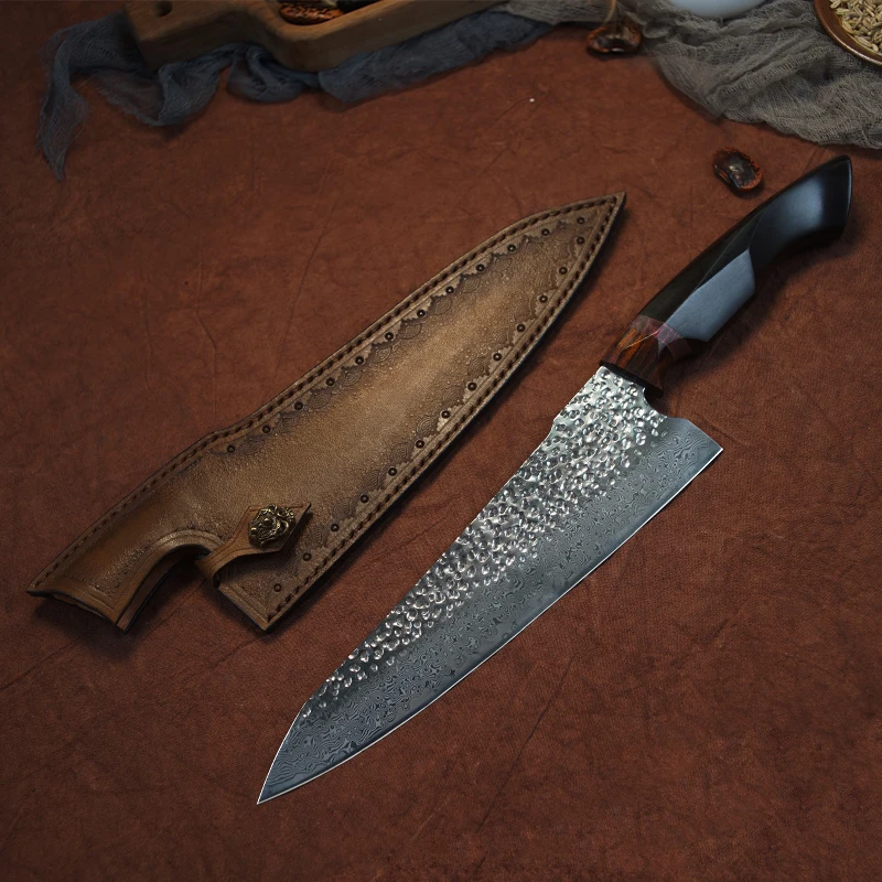

FZIZUO 8.5 Inch VG10 Damascus steel Chef Knife Ebony Handle Gyuto Knife Stainless Steel Kitchen Knives Cooking Tools with Sheath