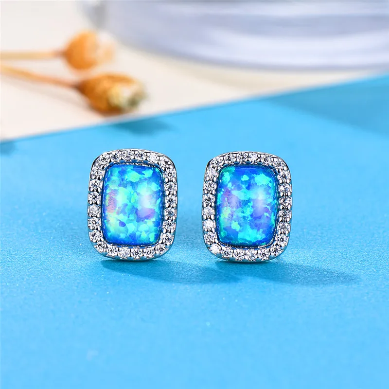 

Cute Female Small Stone Stud Earrings Fashion Silver Blue White Fire Opal Earrings Vintage Wedding Double Earrings For Women