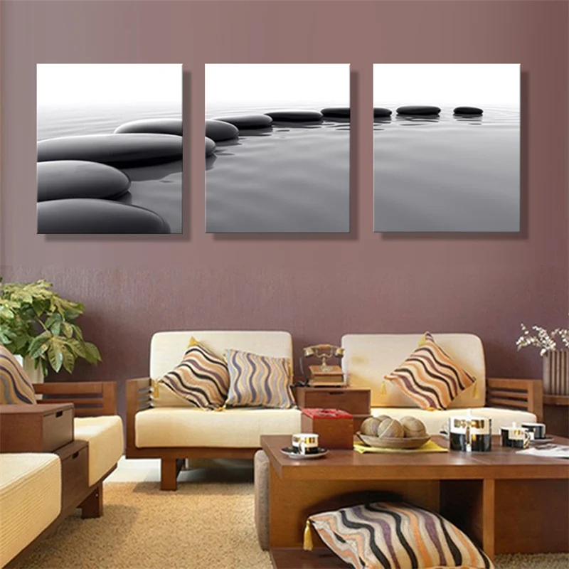 Frameless 3 Panels Pebbles Stone Pebbles stones and ocean scenery Pictures For Living Room Still Home