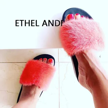 

ETHEL ANERSON Luxury Real Mink Fur Slippers Women Fur Slides Rubber Flat Non-slip Casual Home Outdoor Sandals Lady Plus Size