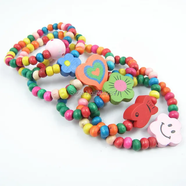12Pcs Children Elastic Bracelet Kids Girl Colorful Wood Wristbands Child Toy Bracelet Wholesale