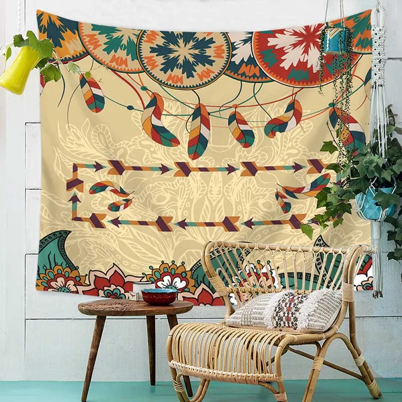 

Bohemian Tapestry Fabric Wall Hanging Abstract Feather Print Living Room Home Decoration Artwork Gift