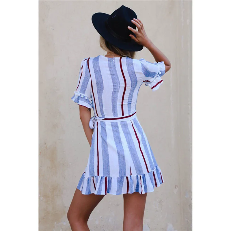 Женское мини платье в полоску Boho летнее с коротким рукавом и оборками