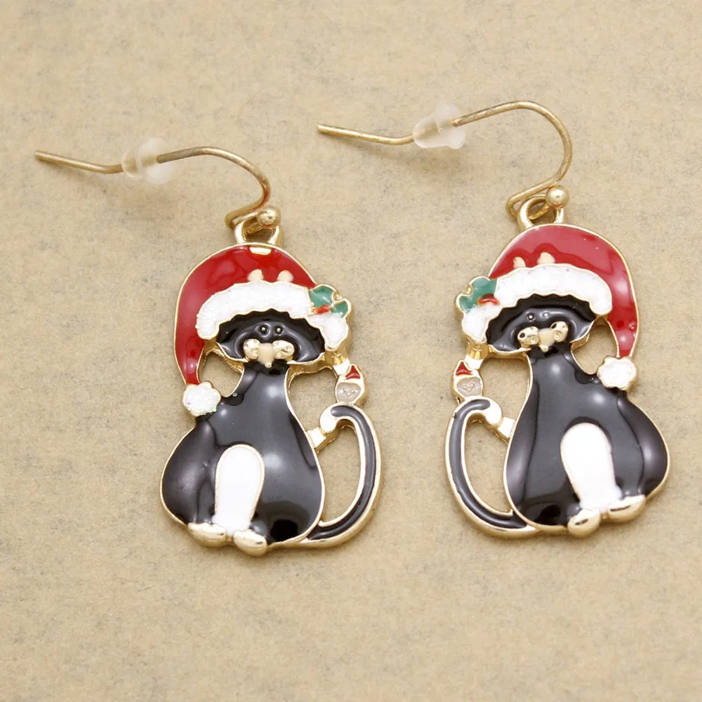 

Christmas Hat Xmas Santa Earrings Black Bastet Bast Kitten Pet Cat Enamel Etched Women Oorbellen Orecchini Jewelry Red