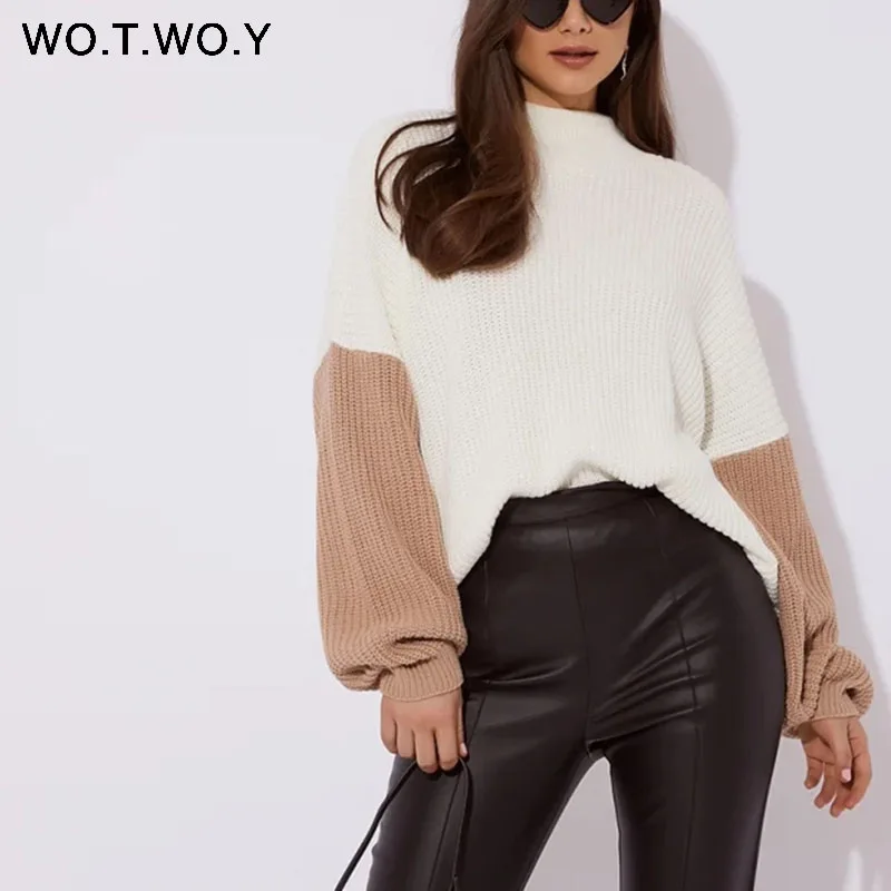 

WOTWOY Turtleneck Color Block Sweaters Women Patchwork Lantern Sleeve Pullover Khaki Orange Sweater Women 2019 Autumn Winter