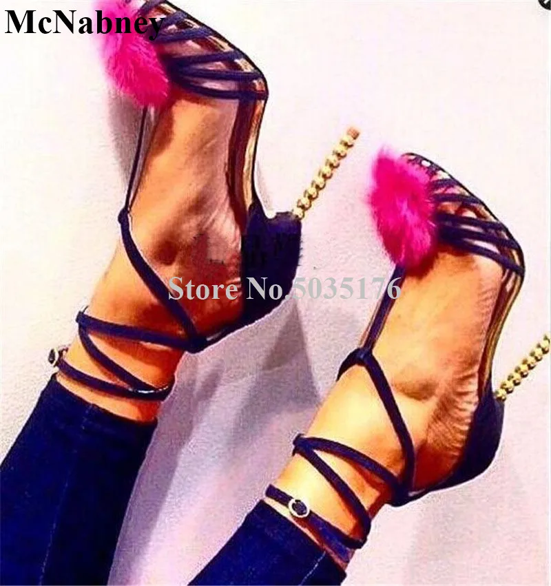 

Pompom New Summer T-tied Ankle Strap Buckle Cross-tied Ladies Shoes Peep Toe Women Sandals Stiletto Heel Cover Heel Women Shoes