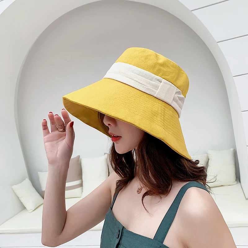 

Ladies Sun Protection Hat Latest Solid Color Bucket Hat Folding Wash Coat Cloth Ladies Fabric Bow Wide-brimmed Hat