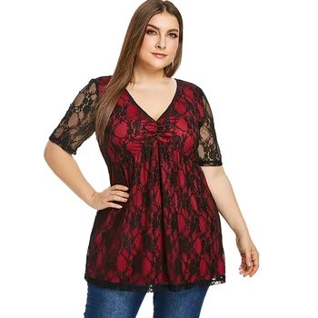 

2019 Sexy Tops Women Short Sleeve Loose T Shirt Summer Plus Size Ladies Casual V-Neck Tees Top Lace Patchwork T-Shirt Long Tunic