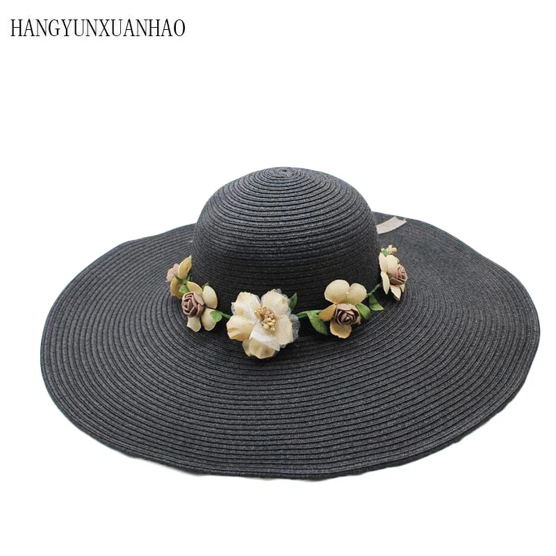 

2019 Summer Fashion Floppy Flower Decoration Straw Hats Wide Brimmed Sun Hats Foldable Beach Hats For Women Girls Sun Visor Hat