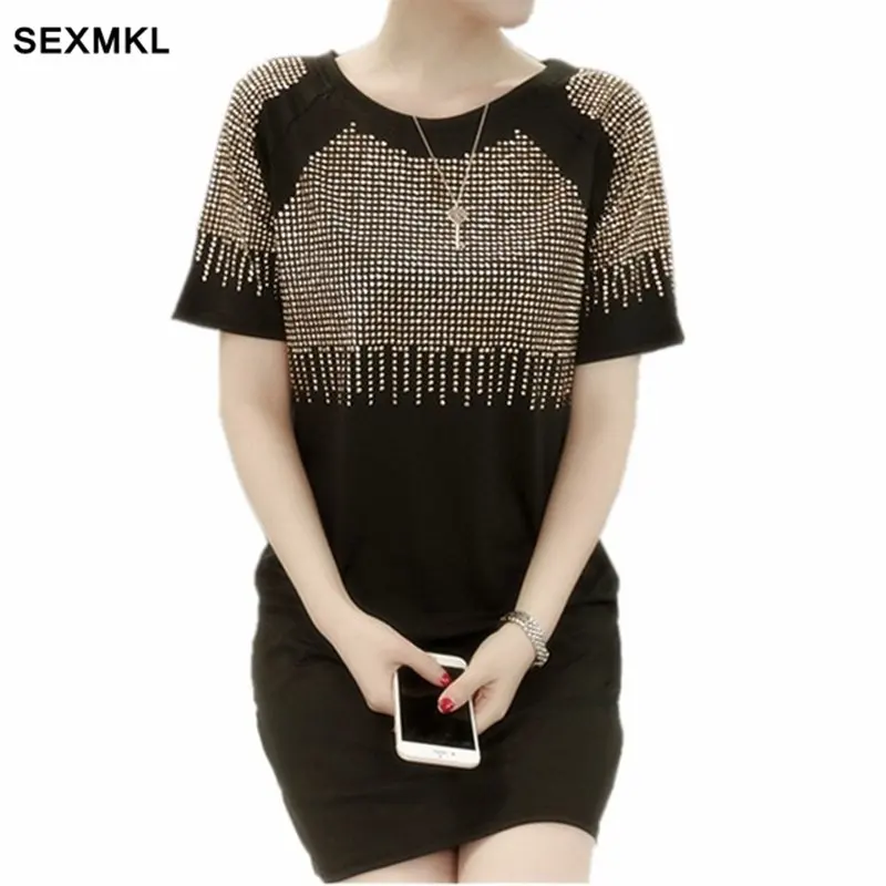 

Women Summer Dresses 2019 Fashion Casual Short Sleeve Vestidos Sexy Rivet Diamonds Dress Shirt Loose Black Dress Plus Size XXXL