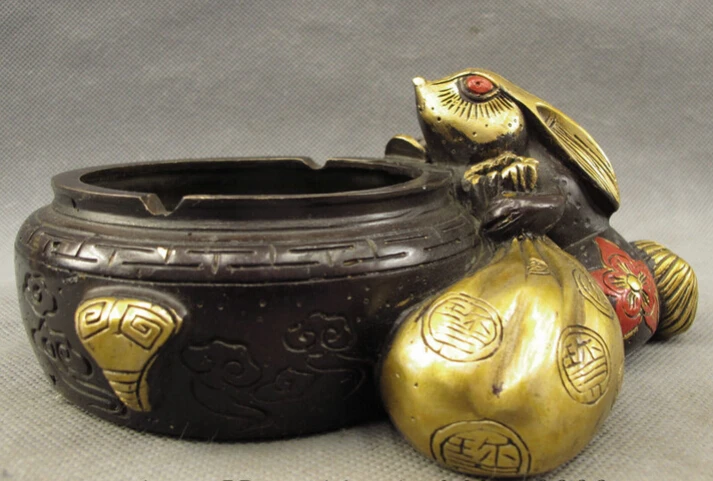 

S4253 Folk Chinese Bronze Gilt Animals Year Zodiac Wealth Bag Rabbit Statue Ashtray D0317