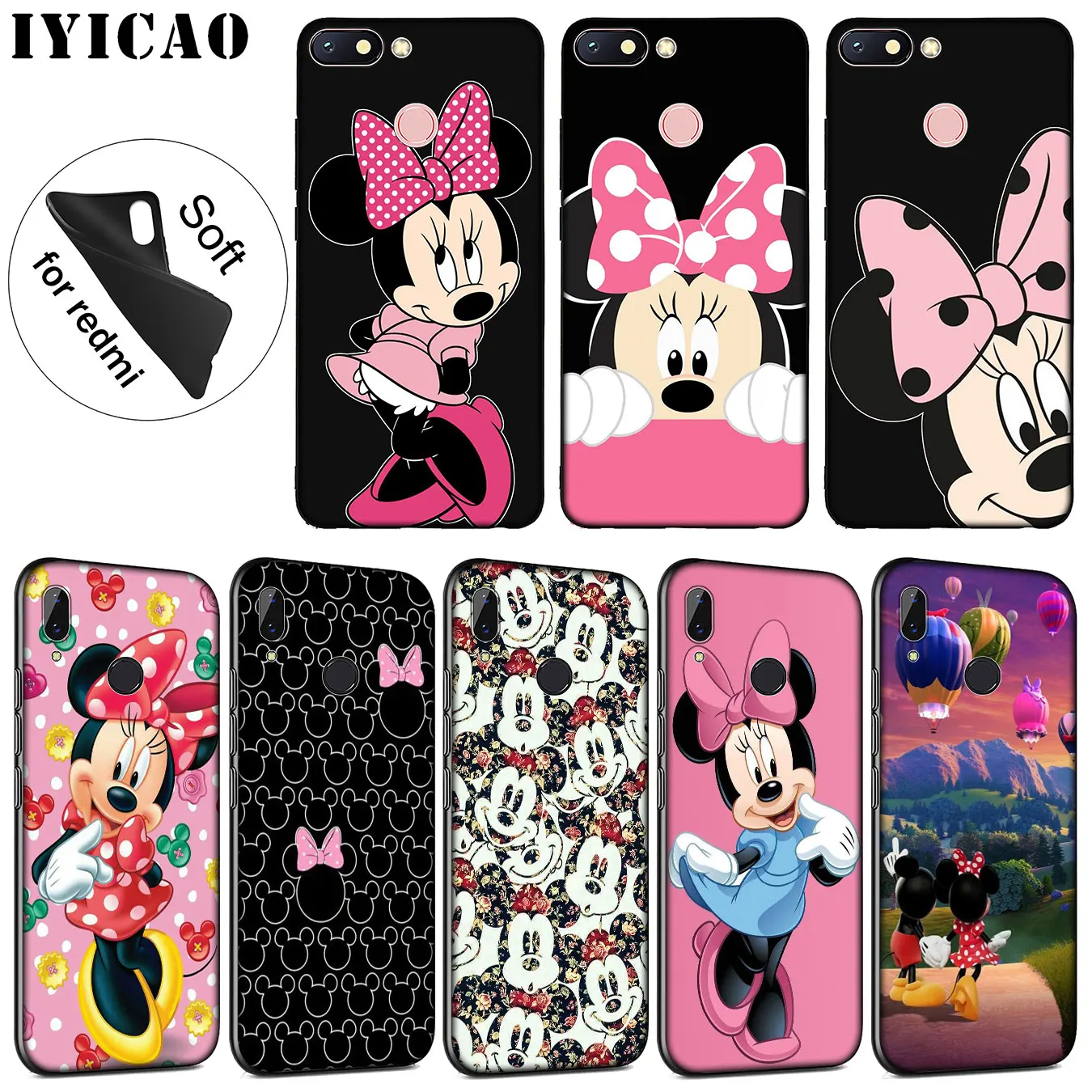 

IYICAO Minnie Mickey Mouse Soft Silicone Phone Case for Xiaomi Redmi K20 7A 6A 5A S2 4X 4A GO Note 8 7 5 Plus 6 Pro Black Cover