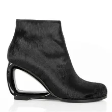 Fashion Horsehair Women Ankle Boots Genuine Leather Strange Heel Bota Feminina Black Side Zipper Botas Mujer